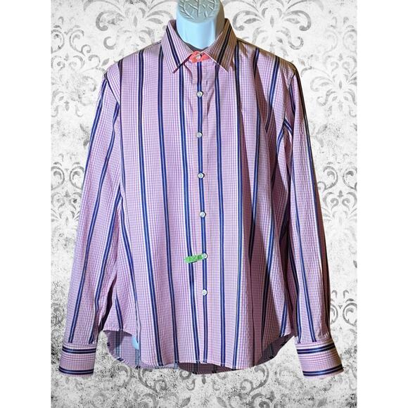 Justin's Boutique Mens XL Tailored Fit Gingham Stripe Contrast Cuff Button Shirt - Picture 1 of 13